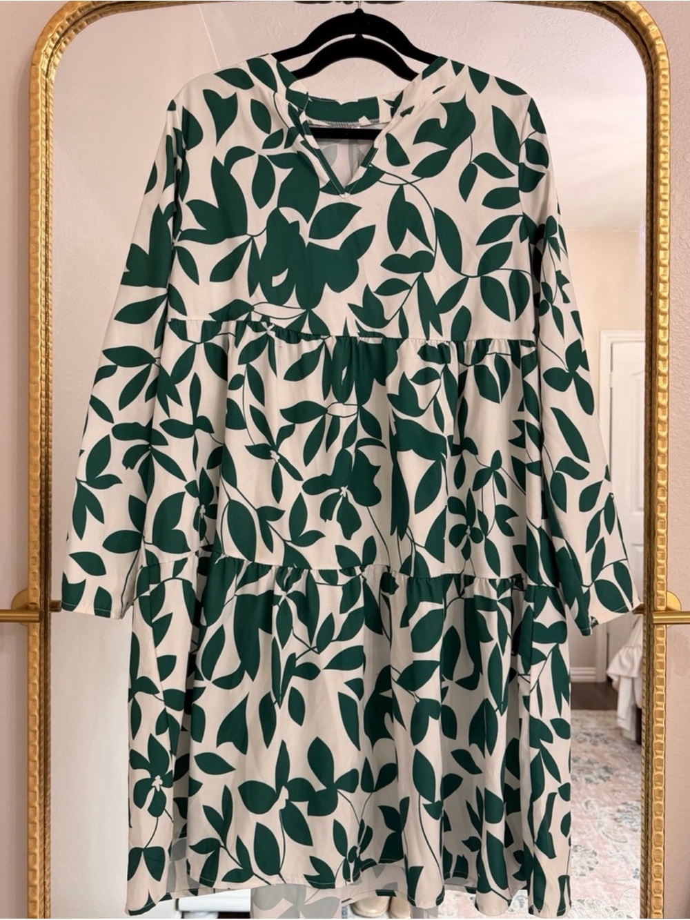 SHEIN Cream and Green Floral Tiered Blouse
